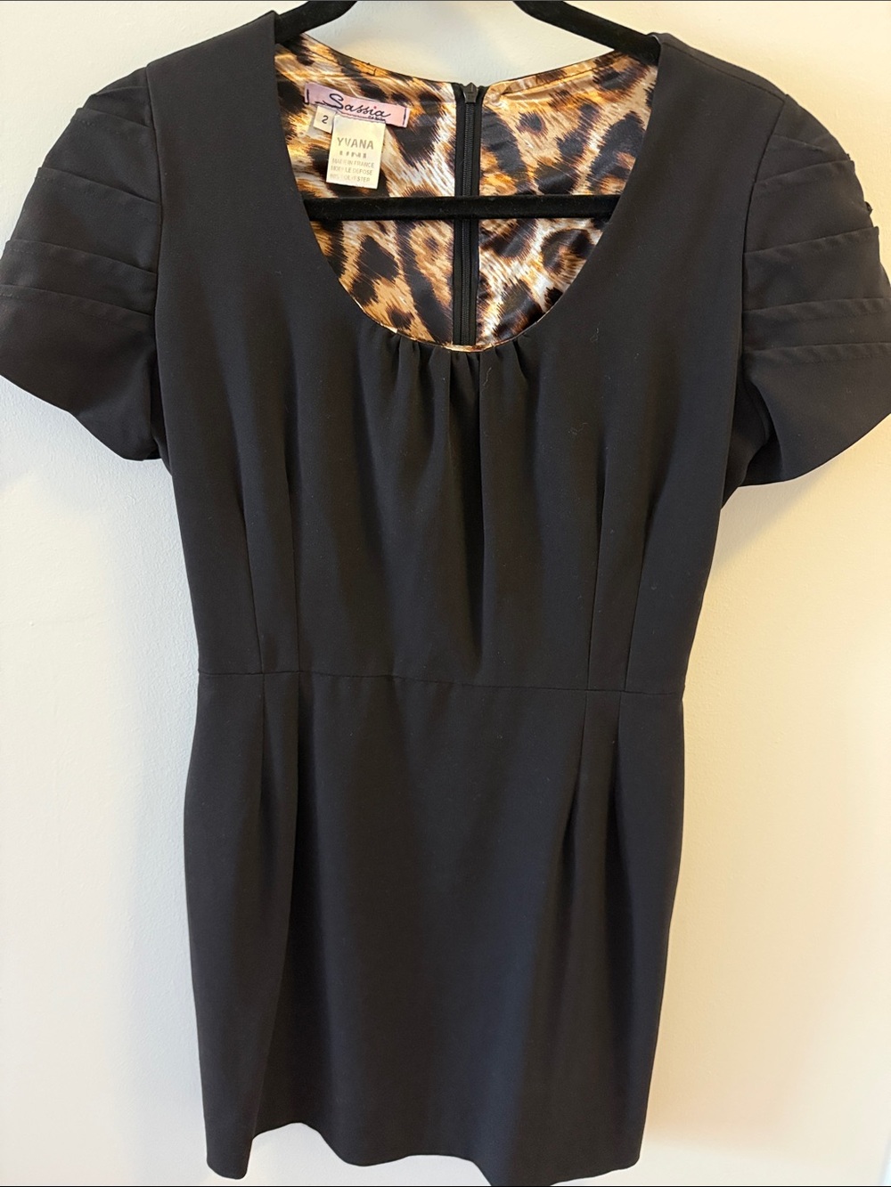 Sassia Paris Black Scoop Neck Short Sleeve Dress with Animal Print Detail.